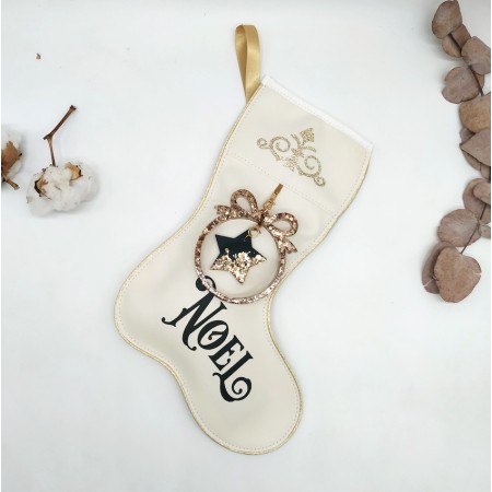 Botte de noël 2 en 1, doré, écru et vert émeraude en cuir végane