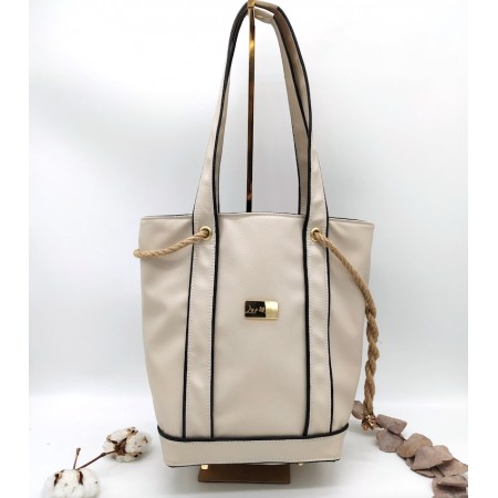 Le sac Cabas format M « Saint Tropez » , beige et noir à personnaliser en cuir végane avec les anses courtes