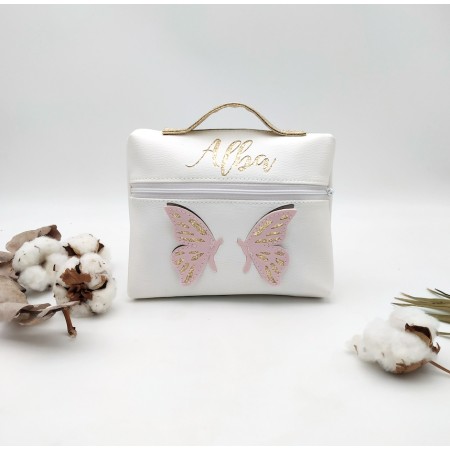 Boîte à goûter papillons, rose et blanc en cuir Végan