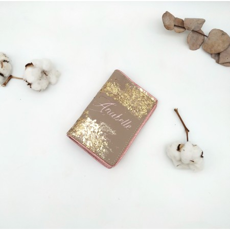 Protège passeport all glitter taupe, pailleté et rose en cuir végan, taupe, noir et doré