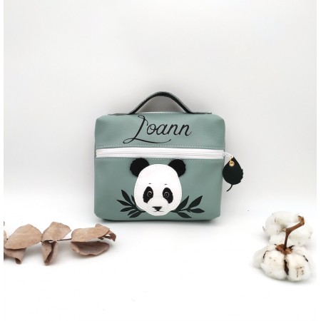 Boîte à goûter panda, blanc, vert, noir et vert amande en cuir végan