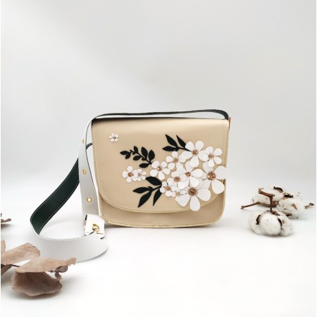 Le sac Besace, fleuri, blanc, vert, beige en cuir végane