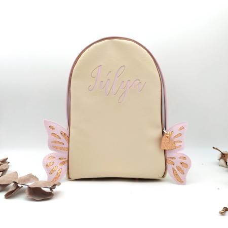 Sac à dos ailes de papillons format maternelle, beige et rose, en cuir végan, maternelle ou primaire