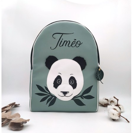 Sac à dos Panda , vert amande, noir, blanc et vert, en cuir végan, maternelle ou primaire