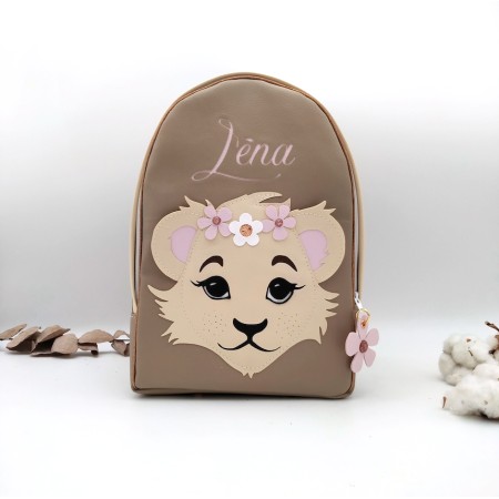 Sac à dos Lionne, rose, beige et taupe, en cuir végane, maternelle ou primaire