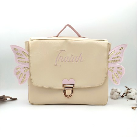 Cartable format primaire Papillon, rose et beige, en cuir végan