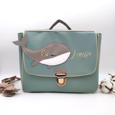 Cartable Baleine, gris et vert Amande, en cuir végane