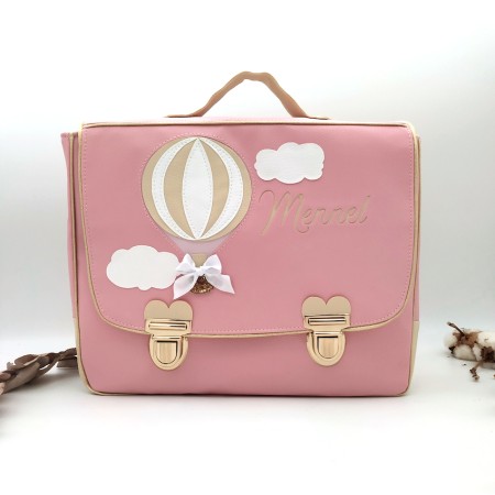 Cartable montgolfière rose bonbon, beige et blanc, en cuir végane