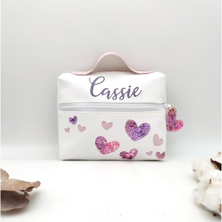 Boîte à goûter coeur, blanc, violet et rose en cuir végane