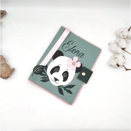 Protège carnet de santé Panda, rose, vert et noir, en cuir végane