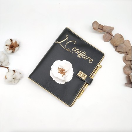 Agenda planner A5 Pivoine rechargeable, blanc et noir en cuir végane personnalisé