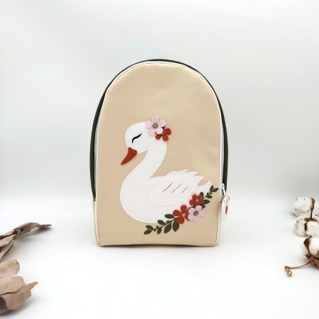 Sac à dos cygne maternelle, beige, rose, terracotta, blanc et kaki, en cuir végan, maternelle ou primaire