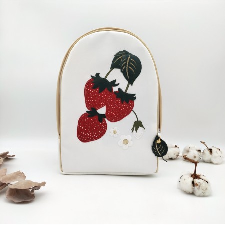 Sac à dos Fraises maternelle, rouge, beige, vert et blanc, en cuir végane, maternelle ou primaire