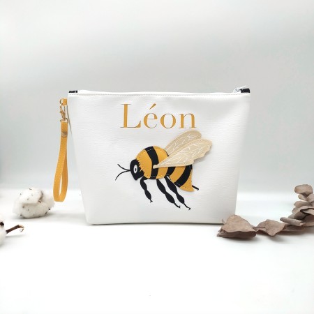 Trousse de toilette Bourdon, blanc, jaune et noir, en cuir végane