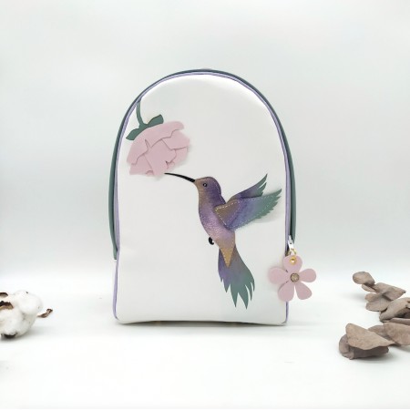 Sac à dos Colibri format maternelle, vert amande, Rose et violet, en cuir végan, maternelle ou primaire