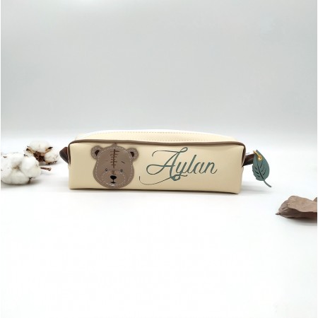 Trousse à crayons ourson, vert amande, beige et taupe en simili cuir