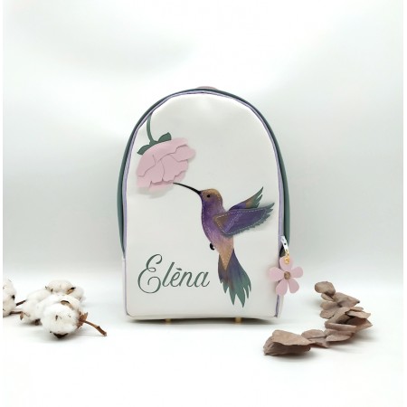 Sac à dos Colibri format maternelle, vert amande, Rose et violet, en cuir végan, maternelle ou primaire