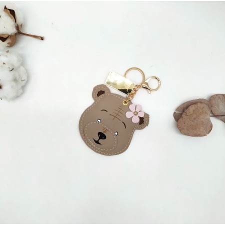Porteclef, Ourson, taupe et rose en cuir végane