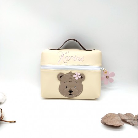 Boîte à goûter Ourson, rose, taupe et beige en cuir Végane