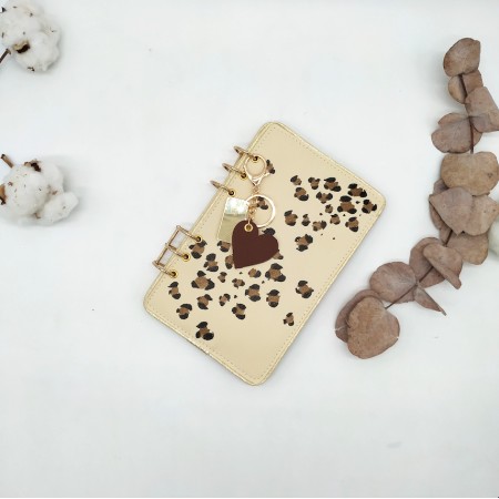 Mini carnet A6 rechargeable, Léopard, beige et marron en cuir végane