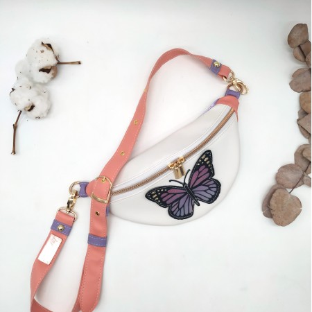 Le sac banane taille enfant papillon, blanc, noir rose et violet en cuir végane à personnaliser