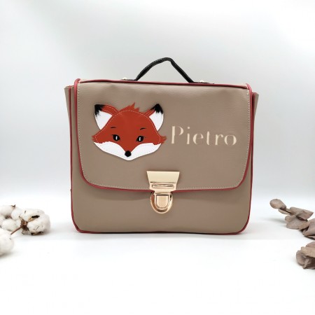 Cartable format maternelle renard, beige, taupe, terracotta, en cuir végane