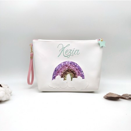 Trousse de toilette arc en ciel, rose et vert, en cuir végane