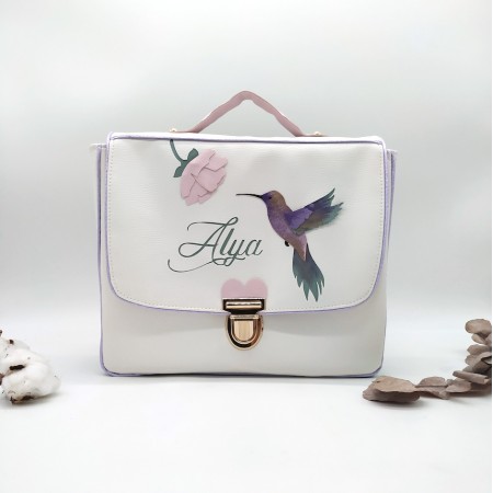 Cartable format maternelle coeurs, rose et violet, en cuir végan