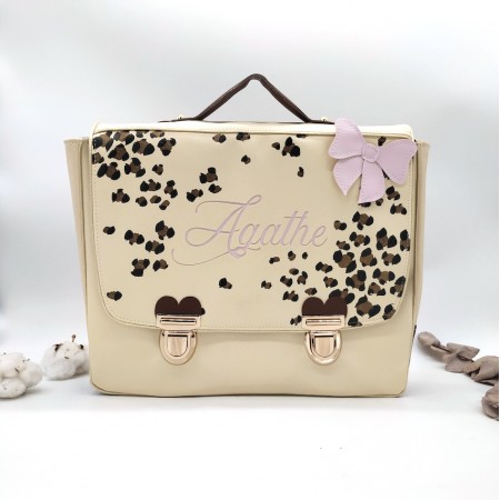 Cartable format primaire léopard, rose et beige, en cuir végane