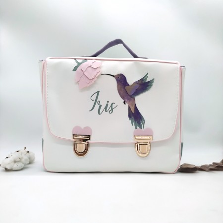 Cartable format primaire colibri, rose, doré et violet, en cuir végane