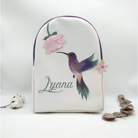 Sac à dos format primaire colibri, vert, violet et rose, en cuir végane, maternelle ou primaire