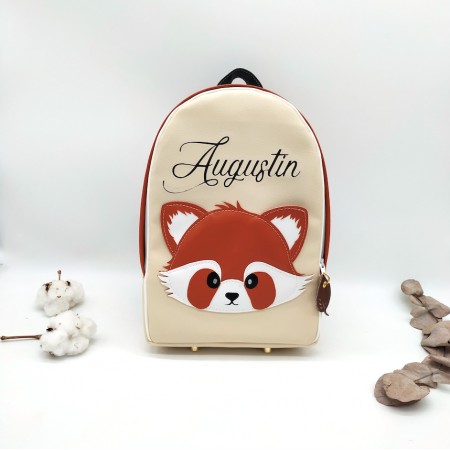 Sac à dos panda roux format maternelle, beige, marron, terracotta et noir, en cuir végan, maternelle ou primaire