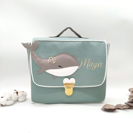 Cartable format maternelle baleine, vert et gris, en cuir végan
