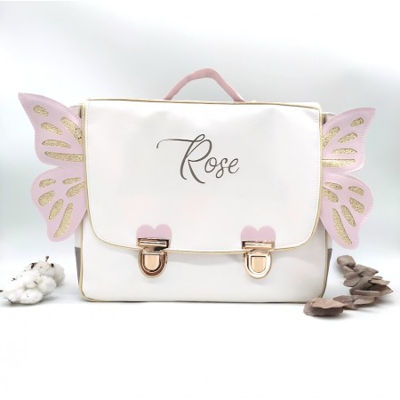 Cartable format primaire papillon, rose et gris, en cuir végane