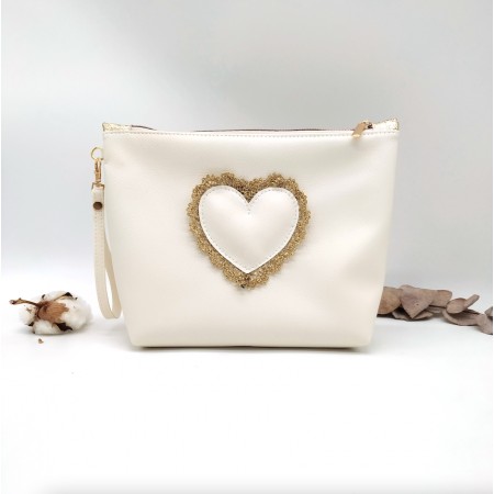 Trousse de toilette coeur ex voto écru, en cuir végane